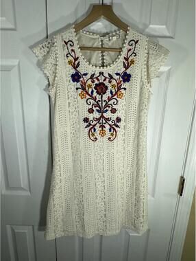 Eyeshadow Cream Lace Embroidered Floral Tunic Dress Size L